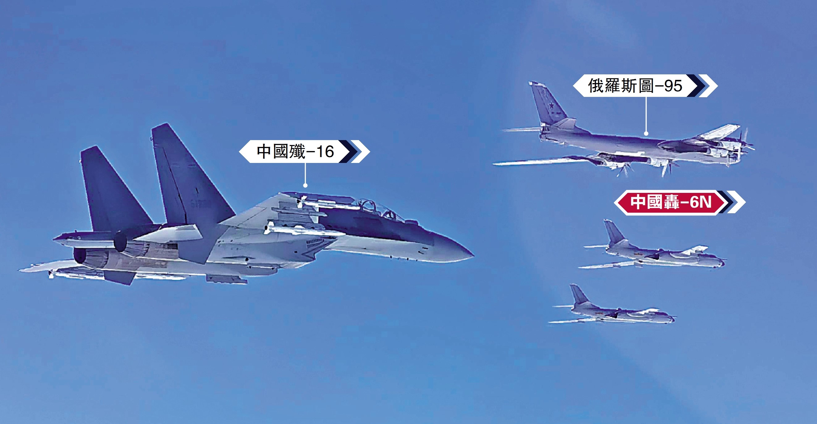　　圖：11月29日拍攝的參加巡航的中俄兩軍戰機編隊。\新華社