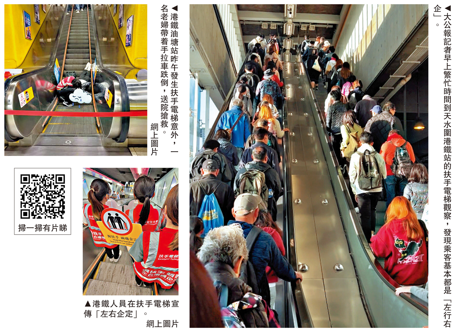 　　左上圖：港鐵油塘站昨午發生扶手電梯意外，一名老婦帶着手拉車跌倒，送院搶救。左下圖：港鐵人員在扶手電梯宣傳「左右企定」。\網上圖片；右圖：大公報記者早上繁忙時間到天水圍港鐵站的扶手電梯觀察，發現乘客基本都是「左行右企」。