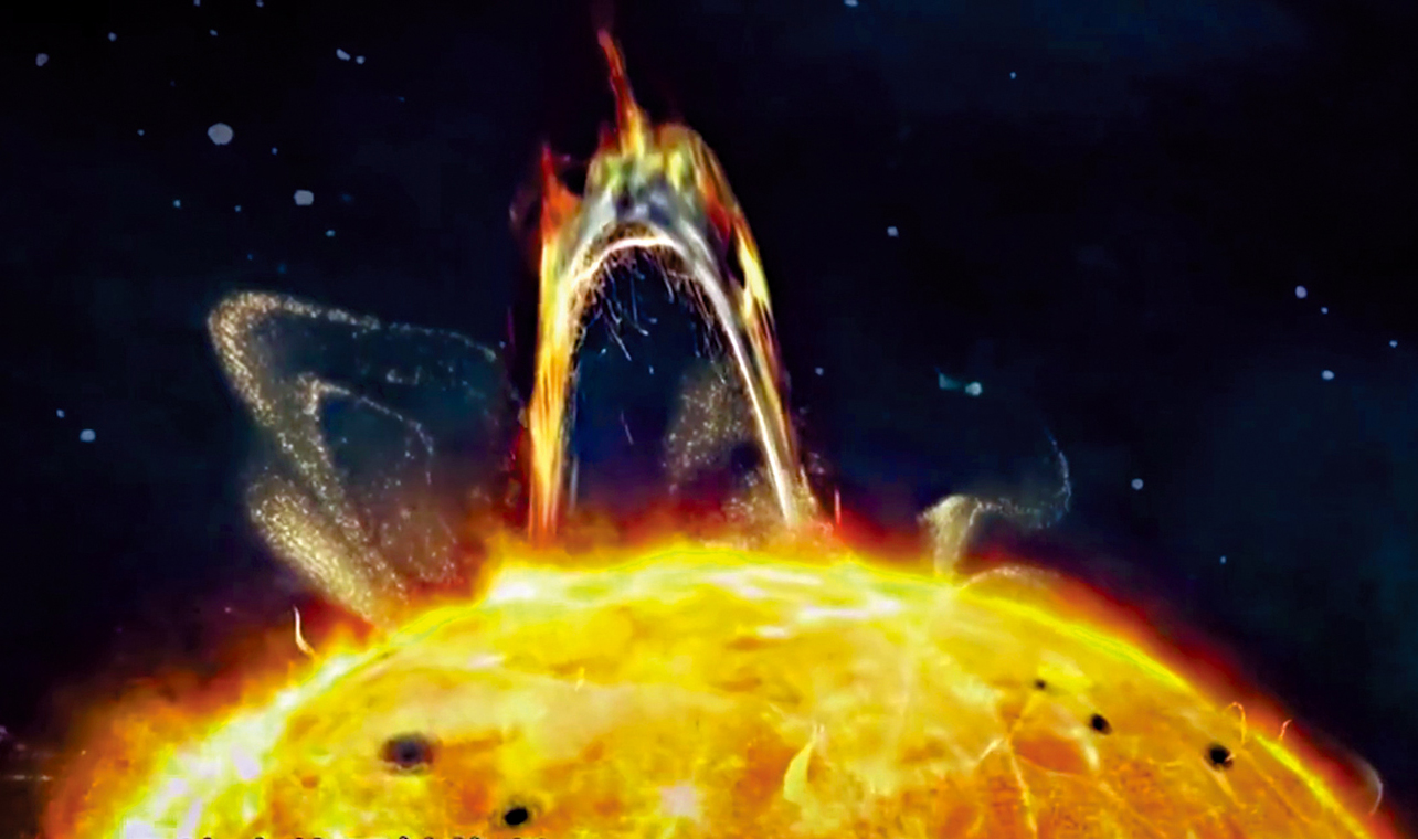 　　圖：日珥是一團巨大的氣體雲，受太陽磁場影響，像磁力線一樣將各種粒子束縛其中，一旦這個線圈被掙斷，大量能量會以高能粒子的形式，如煙花綻放般向外爆發。央視播出的紀錄片《聊個「天」》中，公開了由中國綜合性太陽探測專用衛星，被譽為中國「太陽天文台」的「夸父一號」直擊的日珥。\央視頻