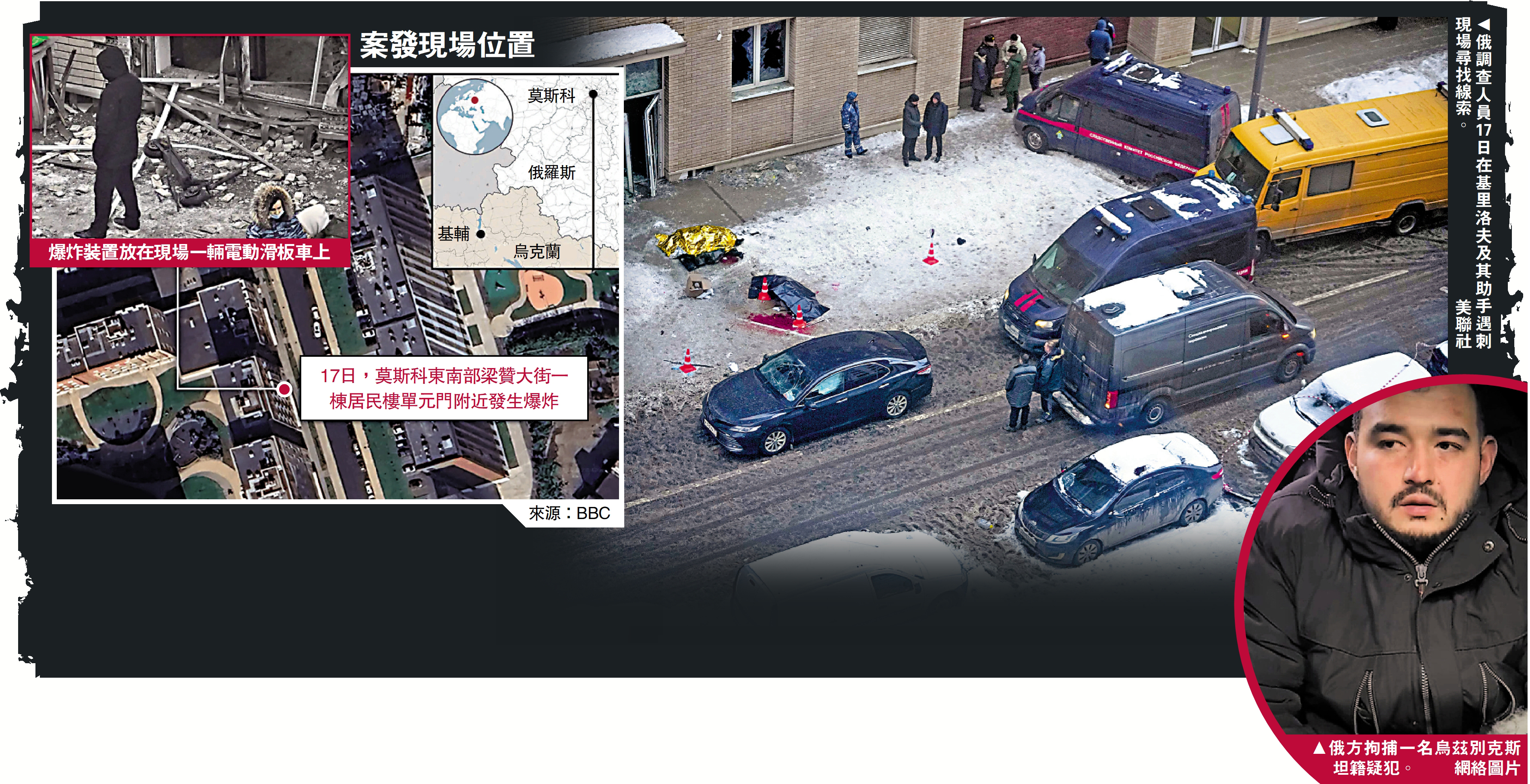 　　上圖：俄調查人員17日在基里洛夫及其助手遇刺現場尋找線索。\美聯社；下圖：俄方拘捕一名烏茲別克斯坦籍疑犯。\網絡圖片