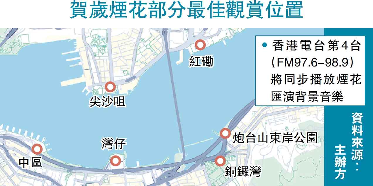 　　圖：賀歲煙花部分最佳觀賞位置。