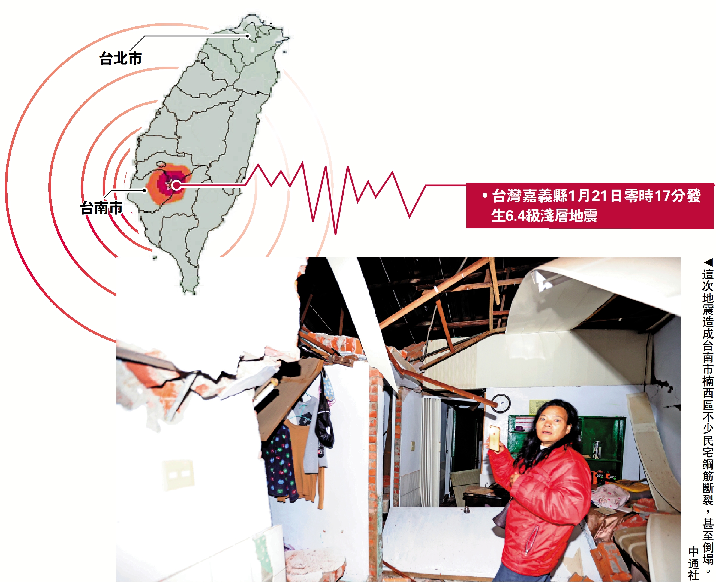 圖:這次地震造成台南市楠西區不少民宅鋼筋斷裂,甚至倒塌。\中通社