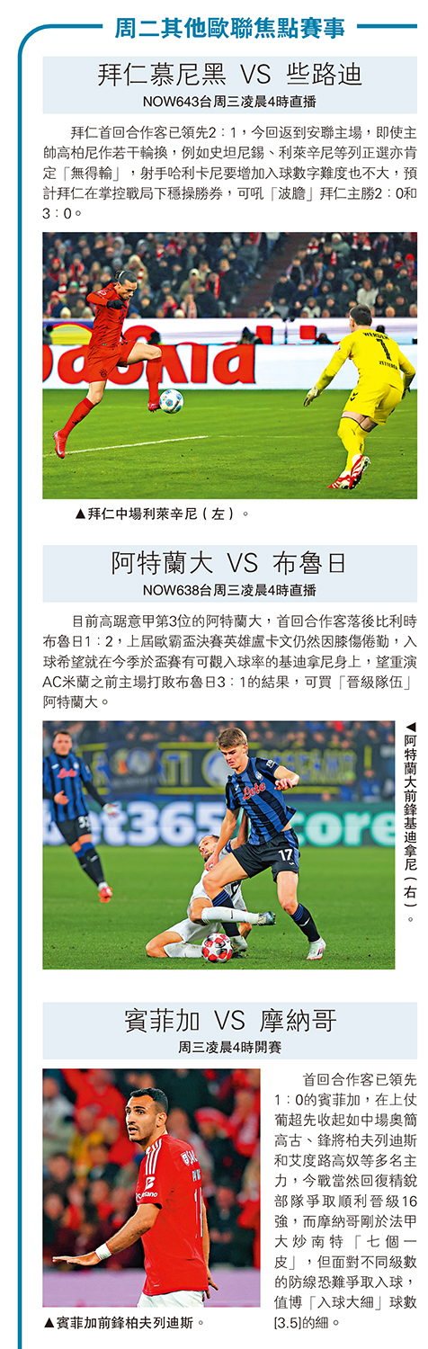 圖:周二其他歐聯焦點賽事