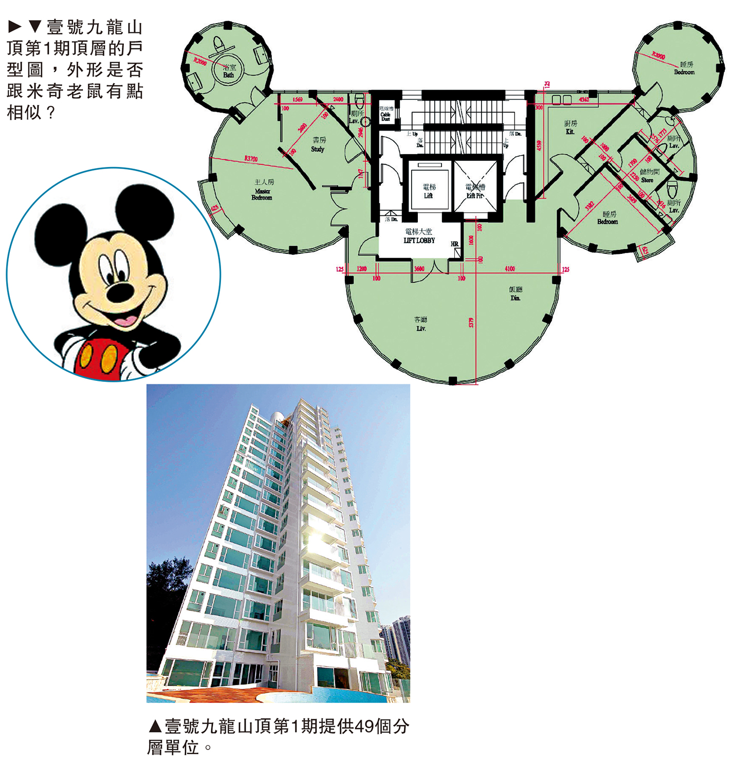 　　上圖：壹號九龍山頂第1期頂層的戶型圖，外形是否跟米奇老鼠有點相似？下圖：壹號九龍山頂第1期提供49個分層單位。