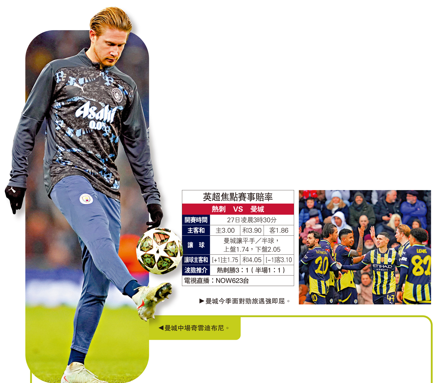 　　左圖：曼城中場奇雲迪布尼。右圖：曼城今季面對勁旅遇強即屈。