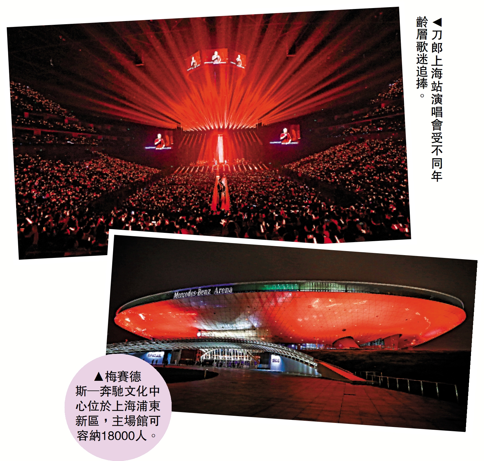 左圖:刀郎上海站演唱會受不同年齡層歌迷追捧。右圖:梅賽德斯─奔馳文化中心位於上海浦東新區,主場館可容納18000人。