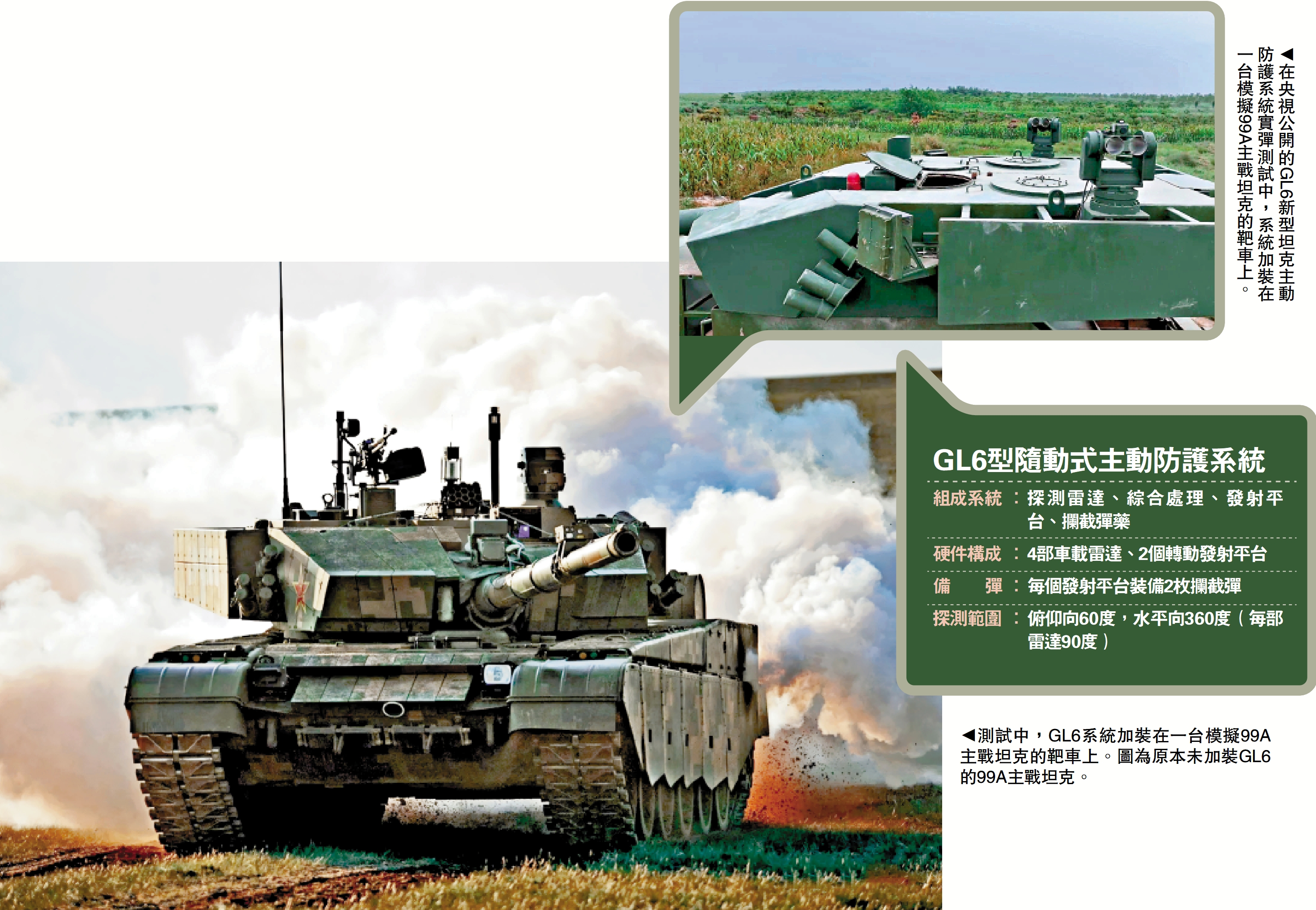 上圖:在央視公開的GL6新型坦克主動防護系統實彈測試中,系統加裝在一台模擬99A主戰坦克的靶車上。下圖:測試中,GL6系統加裝在一台模擬99A主戰坦克的靶車上。圖為原本未加裝GL6的99A主戰坦克。