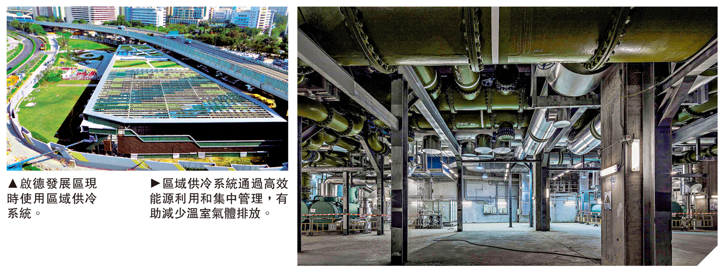 左圖:啟德發展區現時使用區域供冷系統。右圖:區域供冷系統通過高效能源利用和集中管理,有助減少溫室氣體排放。