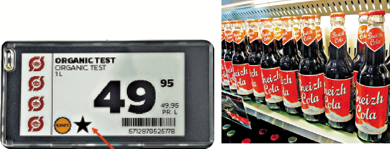 左圖:丹麥連鎖雜貨店在歐洲出產的商品標籤上特意加註黑色星號,方便消費者選購。\網絡圖片;右圖:法國生產的Breizh可樂成為美國可樂的替代品。\網絡圖片