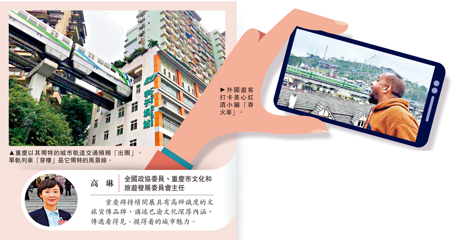 左圖:重慶以其獨特的城市軌道交通頻頻「出圈」。單軌列車「穿樓」是它獨特的風景線。右圖:外國遊客打卡美心紅酒小鎮「吞火車」。