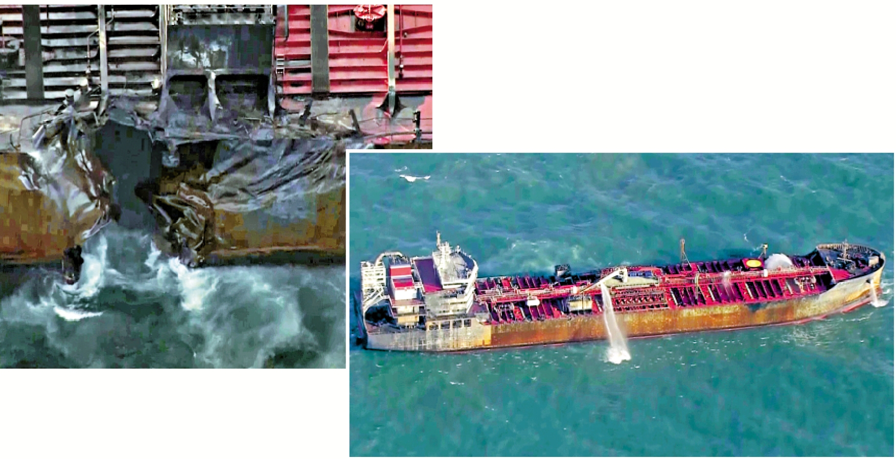 　　左圖：美軍租用的油輪MV Stena Immaculate撞擊後受損部分。\美聯社；右圖：撞擊發生前，油輪MV Stena Immaculate停泊在東約克郡赫爾的海岸附近。\美聯社