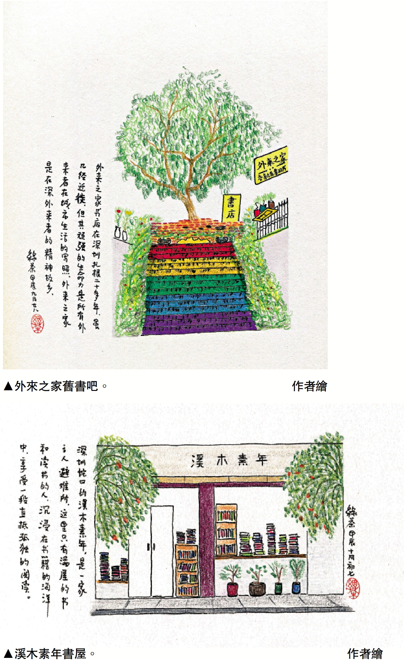 上圖:外來之家舊書吧。\作者繪;下圖:溪木素年書屋。\作者繪