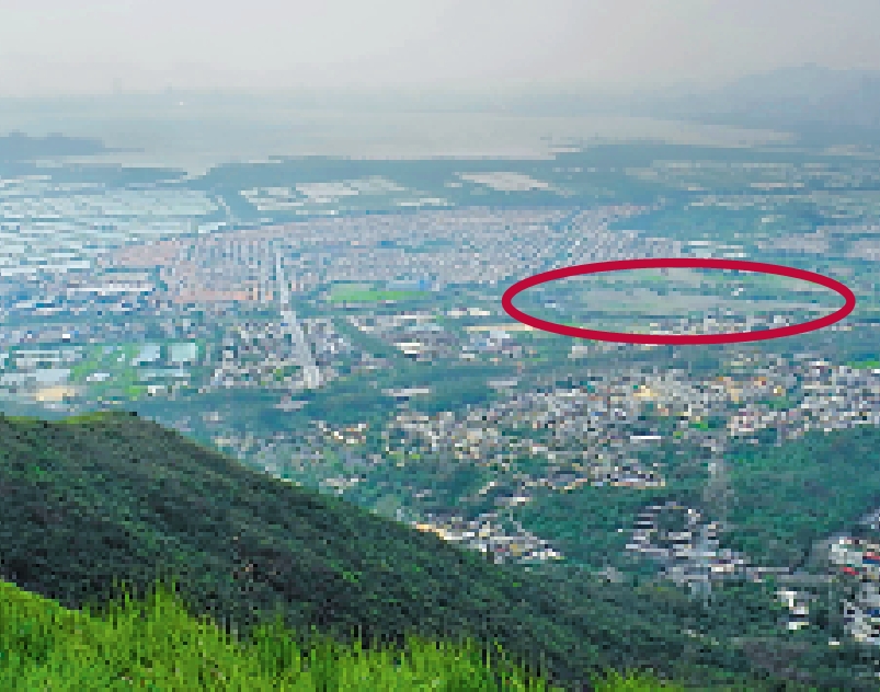 圖:新地旗下元朗住宅地(紅圈)位於錦壆路、豐竹路與下竹園路之間,西邊是錦綉花園。
