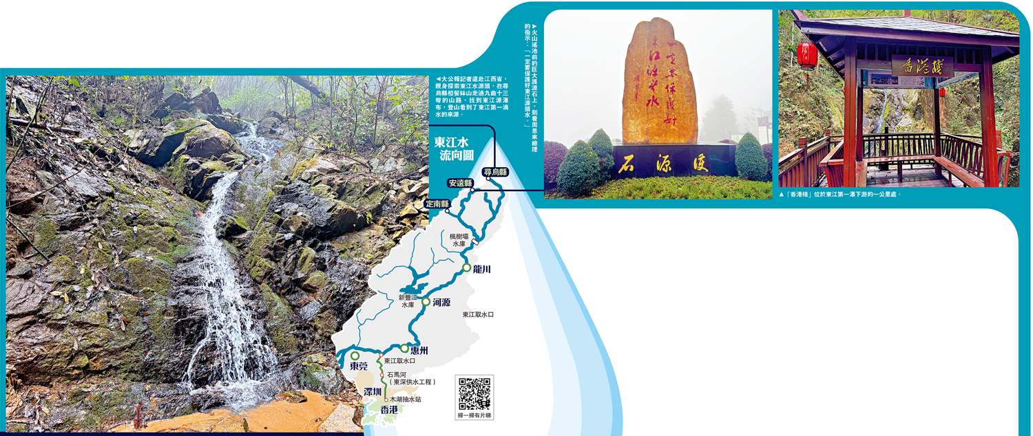 圖:(左)大公報記者遠赴江西省,親身探索東江水源頭,在尋烏縣椏髻缽山走過九曲十三彎的山路,找到東江源瀑布,登山看到了東江第一滴水的來源。(中)火山瑤池前的巨大護源石上,刻着周恩來總理的指示:「一定要保護好東江源頭水。」(右)「香港棧」位於東江第一瀑下游約一公里處。