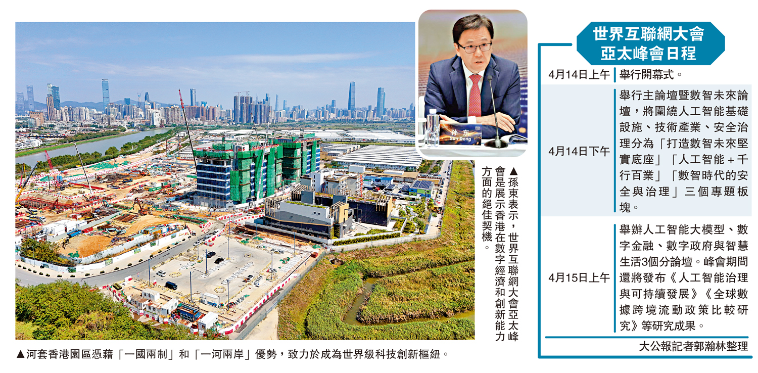 　　左圖：河套香港園區憑藉「一國兩制」和「一河兩岸」優勢，致力於成為世界級科技創新樞紐。右圖：孫東表示，世界互聯網大會亞太峰會是展示香港在數字經濟和創新能力方面的絕佳契機。