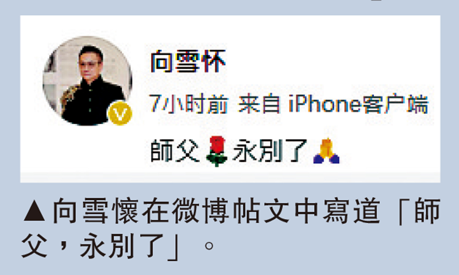 圖:向雪懷在微博帖文中寫道「師父,永別了」。