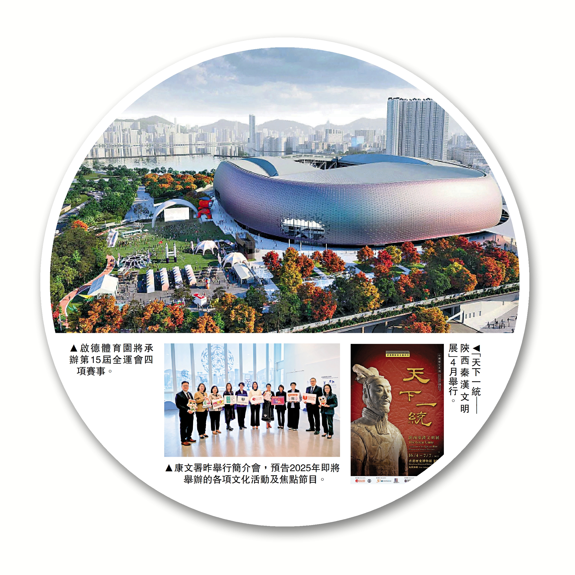 　　上圖：啟德體育園將承辦第15屆全運會四項賽事。下左圖：康文署昨舉行簡介會，預告2025年即將舉辦的各項文化活動及焦點節目。下右圖：「天下一統──陝西秦漢文明展」4月舉行。