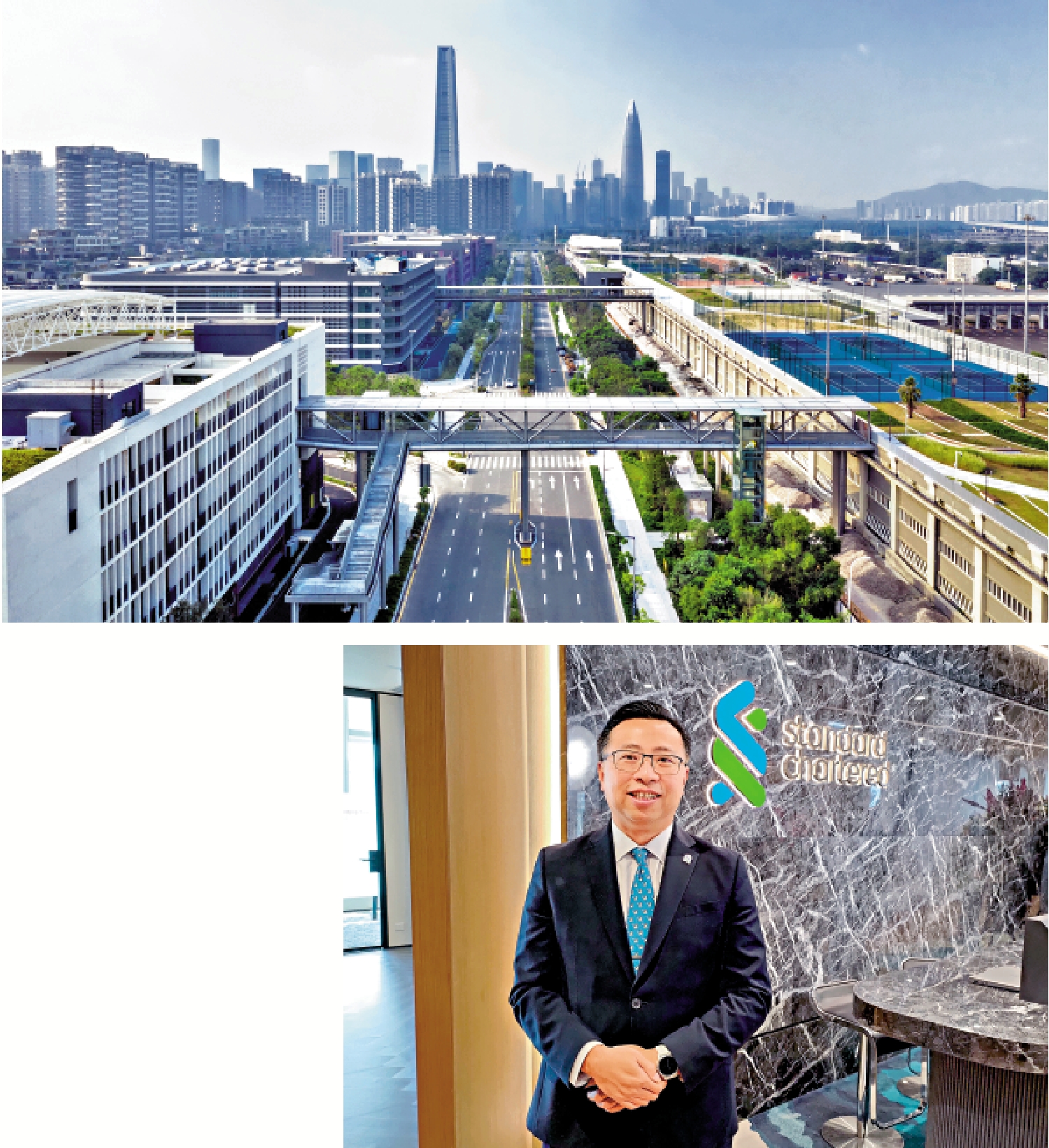 　　上圖：渣打將於廣州和深圳推行新策略，並以進口食物、衣履、日用品等的入口商為主要目標客戶。下圖：文偉成表示，旗下業務的強勁增長動力由去年延續至2025年初，形容「增長勢頭良好」。\大公報攝
