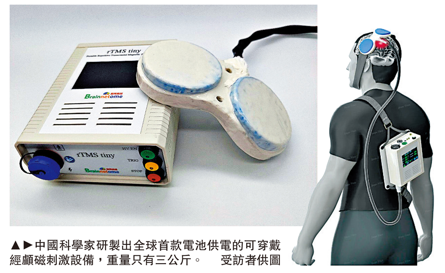 　　圖：中國科學家研製出全球首款電池供電的可穿戴經顱磁刺激設備，重量只有三公斤。\受訪者供圖