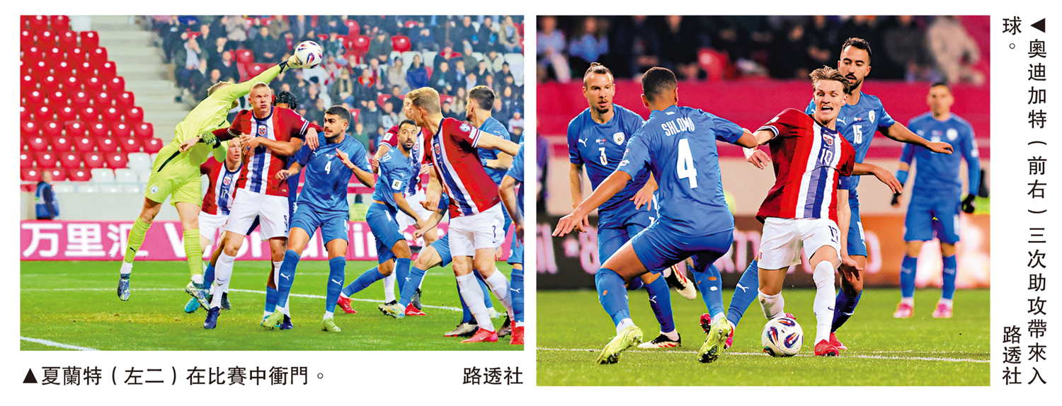 　　左圖：夏蘭特（左二）在比賽中衝門。右圖：奧迪加特（前右）三次助攻帶來入球。\路透社