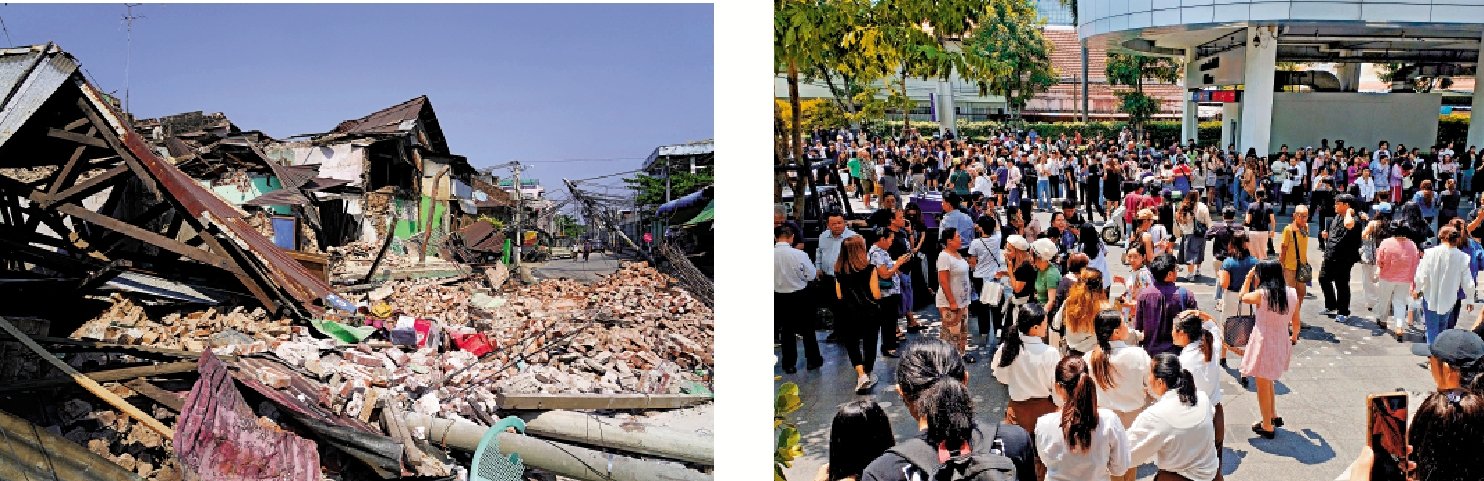 左圖:緬甸內比都在地震過後,滿街見到倒塌的樓宇。右圖:緬甸日前大發生地震,毗鄰的泰國亦有強烈震感,大批市民及旅客到街上暫避。