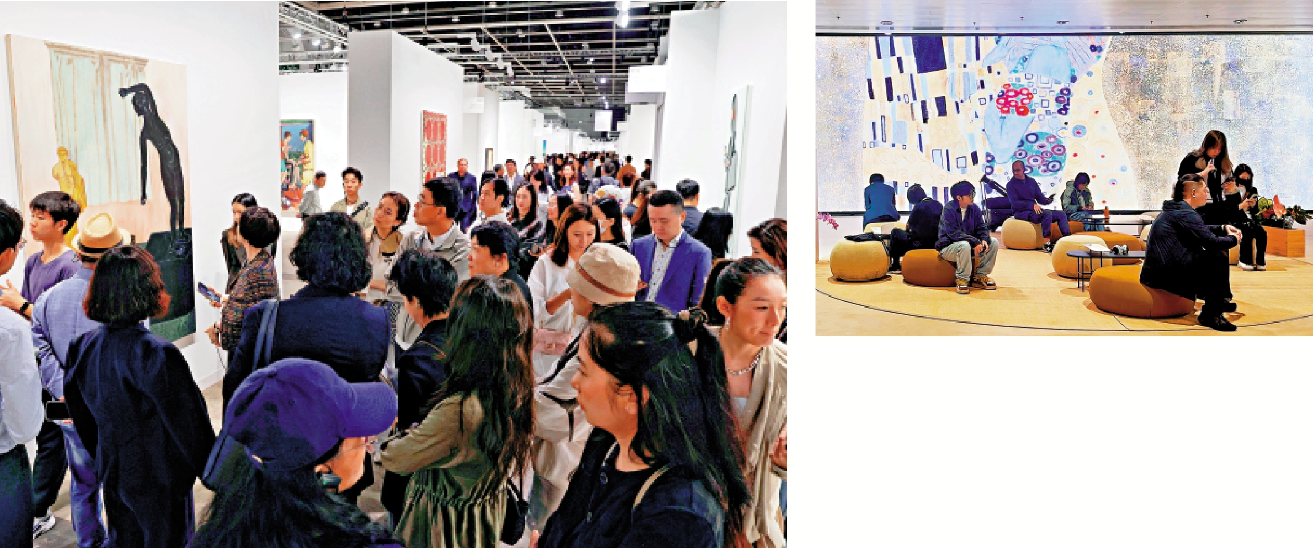 左圖:今年巴塞爾藝術展香港展會現場人潮湧動。/中通社;右圖:巨型屏幕《Closer and Bigger》令觀眾可細察畫作局部細節。