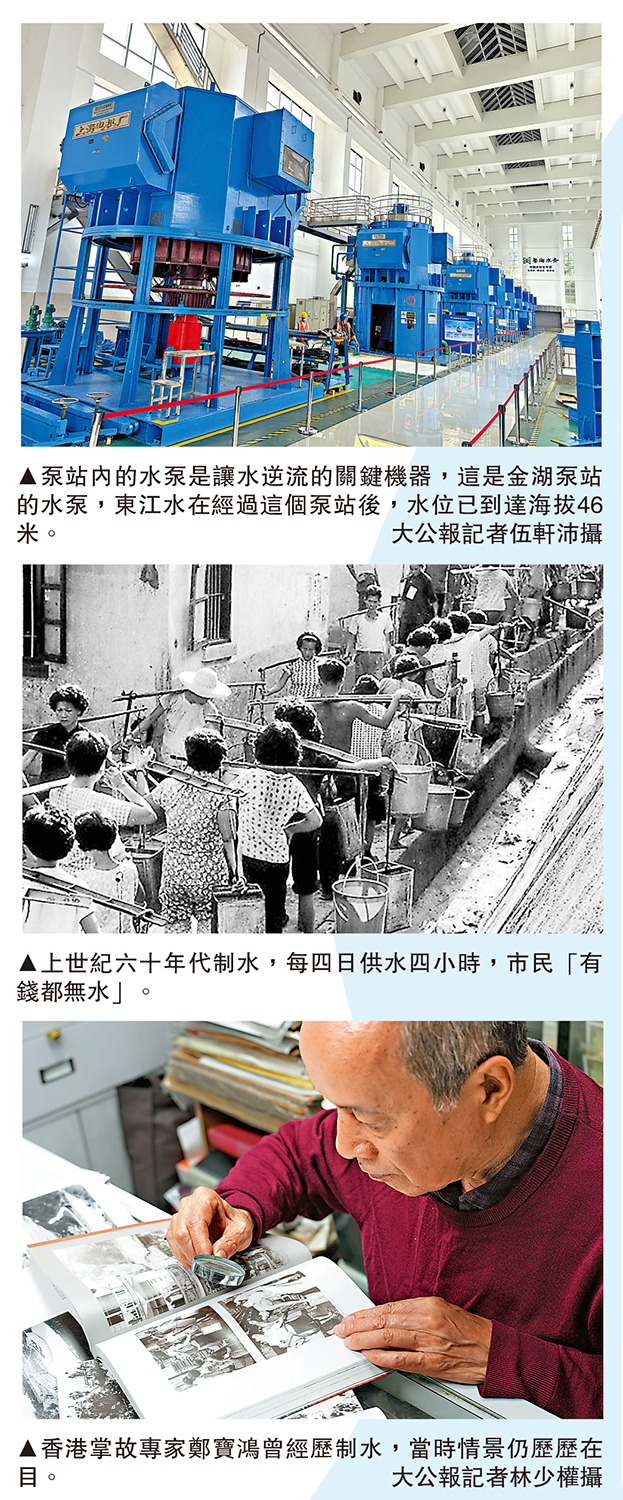 圖:(上)泵站內的水泵是讓水逆流的關鍵機器,這是金湖泵站的水泵,東江水在經過這個泵站後,水位已到達海拔46米。\大公報記者伍軒沛攝;(中)上世紀六十年代制水,每四日供水四小時,市民「有錢都無水」。(下)香港掌故專家鄭寶鴻曾經歷制水,當時情景仍歷歷在目。\大公報記者林少權攝