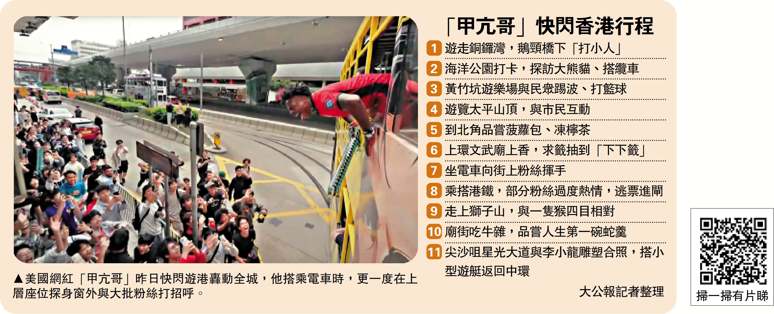 圖:美國網紅「甲亢哥」昨日快閃遊港轟動全城,他搭乘電車時,更一度在上層座位探身窗外與大批粉絲打招呼。
