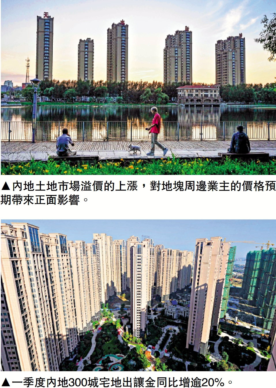 上圖:內地土地市場溢價的上漲,對地塊周邊業主的價格預期帶來正面影響。下圖:一季度內地300城宅地出讓金同比增逾20%。