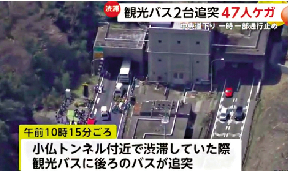 　　圖：兩輛觀光巴士昨日在東京八王子中央自動車道小佛隧道入口附近發生碰撞。\富士新聞網截圖