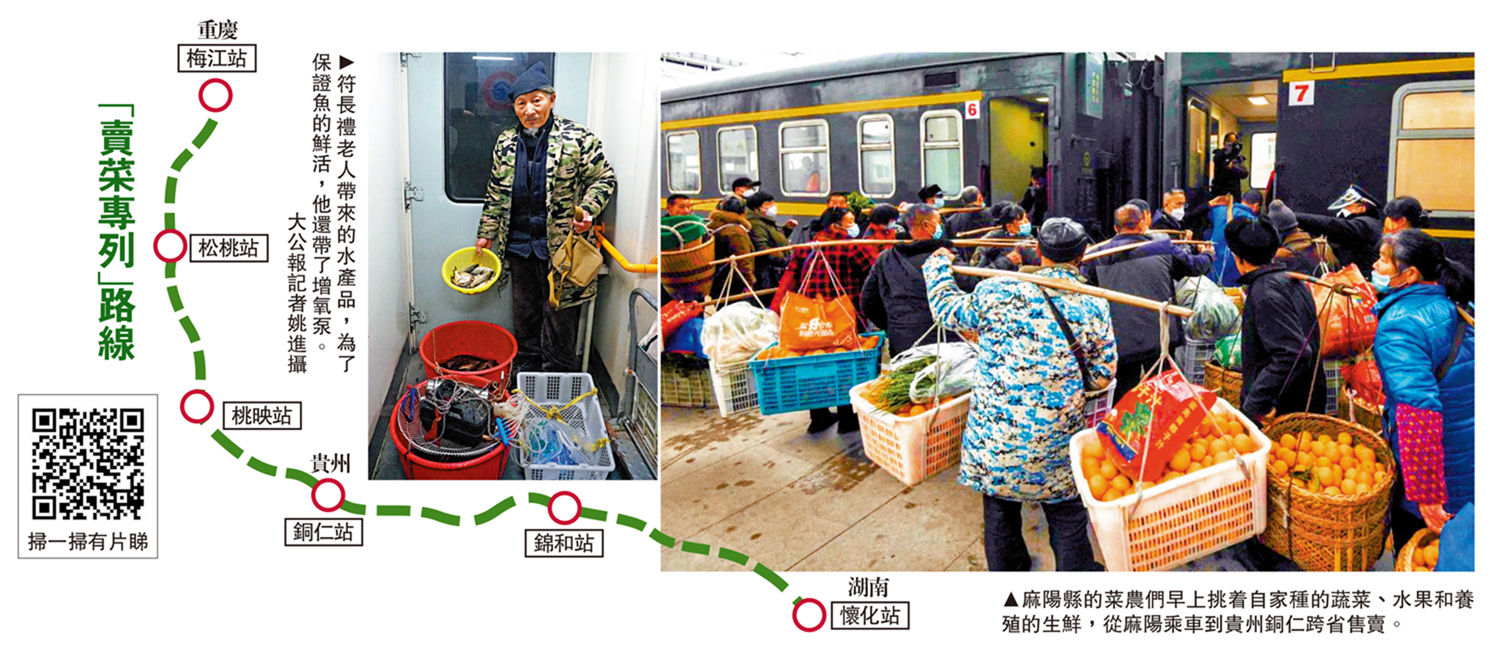 　　左圖：符長禮老人帶來的水產品，為了保證魚的鮮活，他還帶了增氧泵。\大公報記者姚進攝；右圖：麻陽縣的菜農們早上挑着自家種的蔬菜、水果和養殖的生鮮，從麻陽乘車到貴州銅仁跨省售賣。