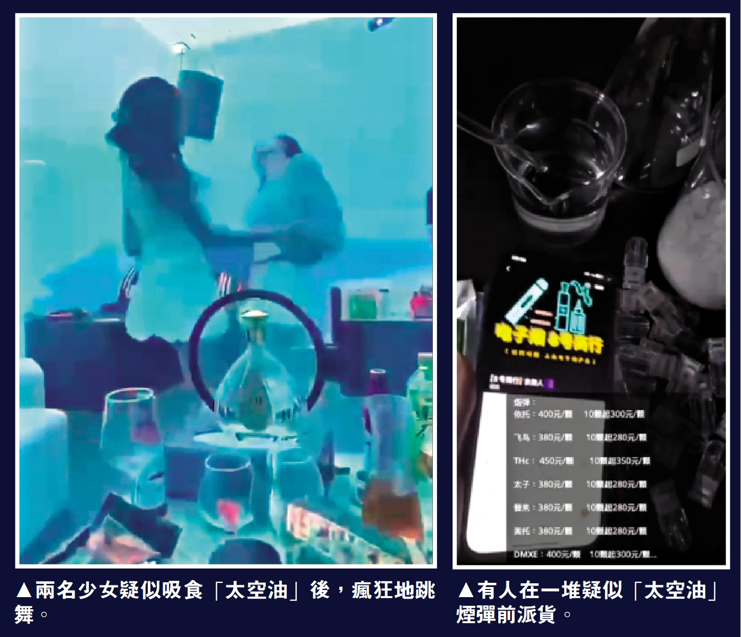 左圖:兩名少女疑似吸食「太空油」後,瘋狂地跳舞。右圖:有人在一堆疑似「太空油」煙彈前派貨。