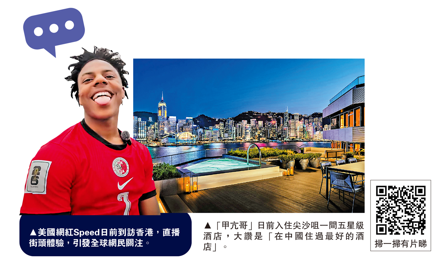 　　左圖：美國網紅Speed日前到訪香港，直播街頭體驗，引發全球網民關注。右圖：「甲亢哥」日前入住尖沙咀一間五星級酒店，大讚是「在中國住過最好的酒店」。