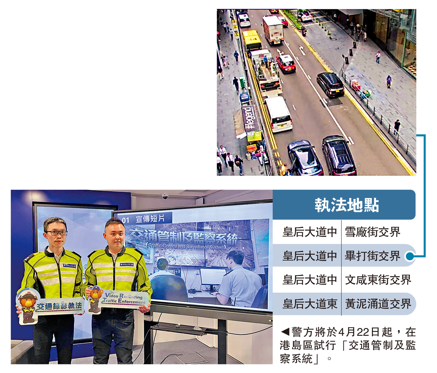 圖:警方將於4月22日起,在港島區試行「交通管制及監察系統」。