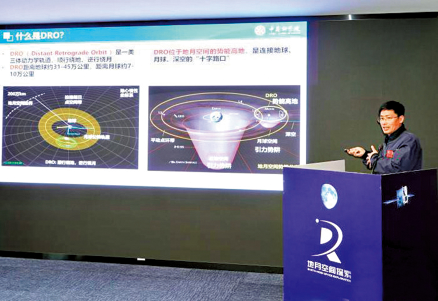 　　圖：專家在「地月空間DRO探索研究學術研討會」上科普介紹什麼是DRO。\中新網