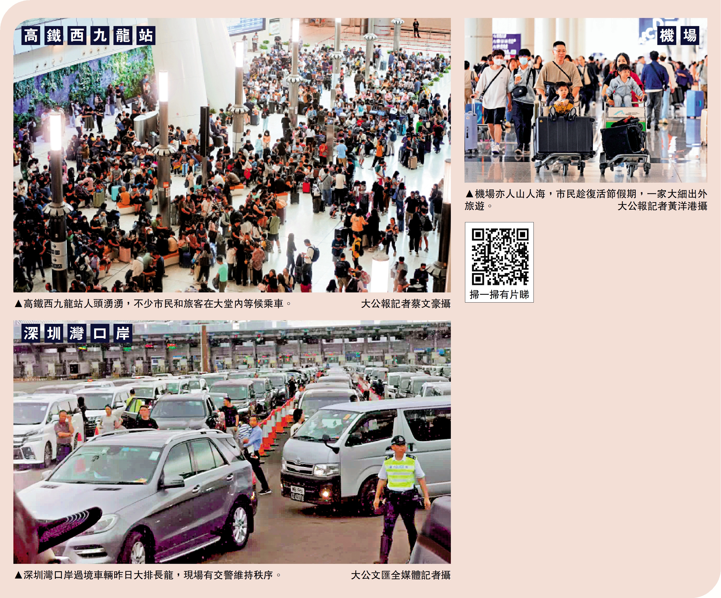 右圖:機場亦人山人海,市民趁復活節假期,一家大細出外旅遊。\大公報記者黃洋港攝;左上圖:高鐵西九龍站人頭湧湧,不少市民和旅客在大堂內等候乘車。\大公報記者蔡文豪攝;左下圖:深圳灣口岸過境車輛昨日大排長龍,現場有交警維持秩序。\大公文匯全媒體記者攝