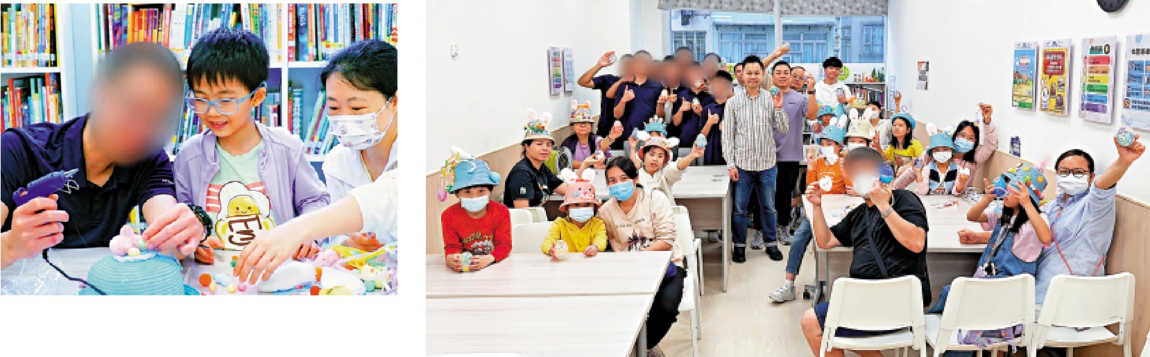 左圖:更生人士與社區客廳受惠家庭共同製作手工編織帽。右圖:小欖精神病治療中心及勵行更生中心與深水埗社區客廳昨日首次聯乘舉辦節慶活動。