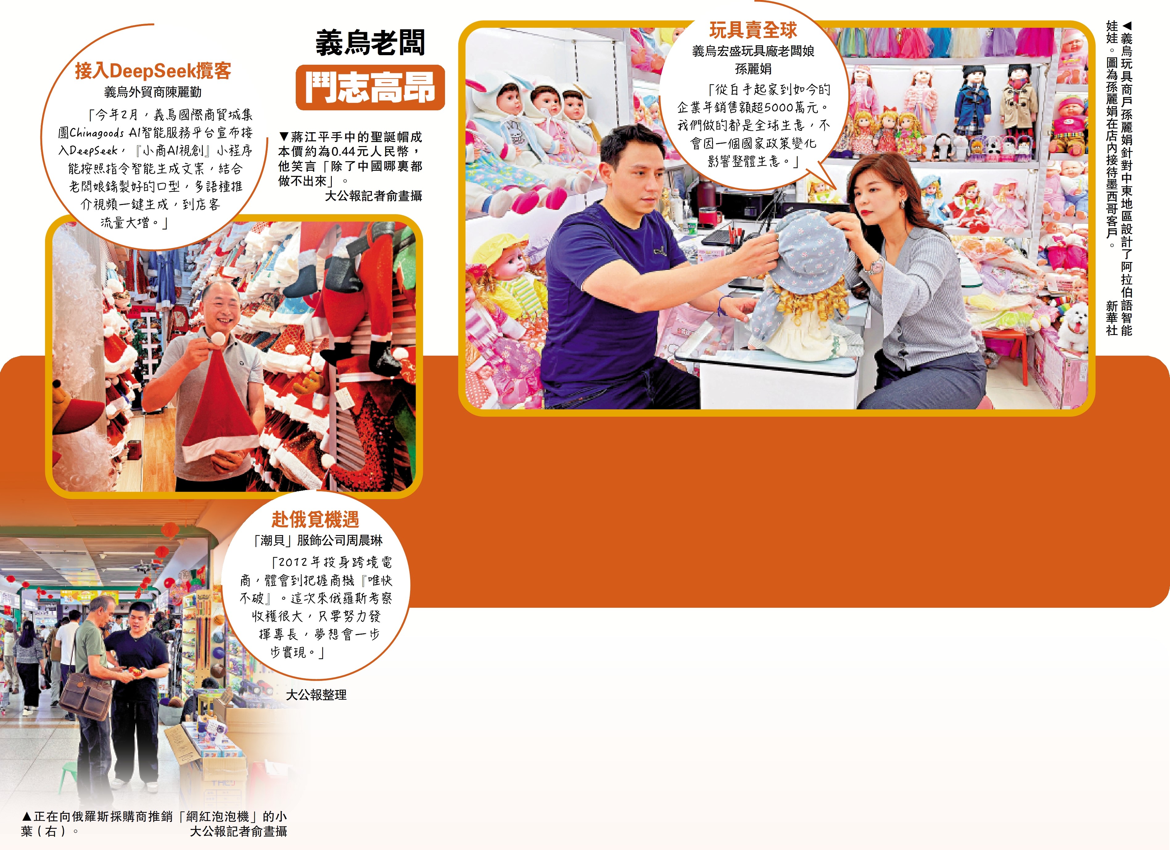 右圖:義烏玩具商戶孫麗娟針對中東地區設計了阿拉伯語智能娃娃。圖為孫麗娟在店內接待墨西哥客戶。\新華社;左上圖:蔣江平手中的聖誕帽成本價約為0.44元人民幣,他笑言「除了中國哪裏都做不出來」。\大公報記者俞晝攝;左下圖:正在向俄羅斯採購商推銷「網紅泡泡機」的小葉(右)。\大公報記者俞晝攝