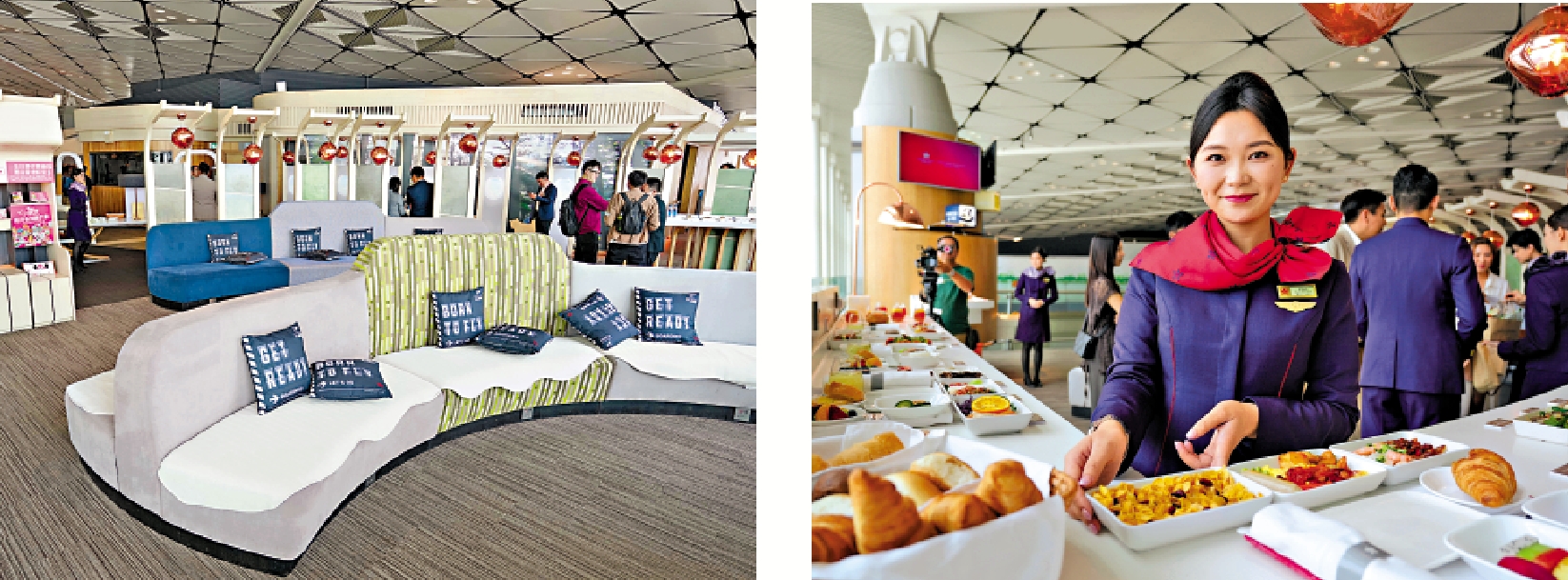 　　左圖：港航在香港國際機場的貴賓室「遨堂」完成升級。右圖：港航提供米芝蓮粵菜及本地街頭美食，將香港獨特文化元素融入每個細節。