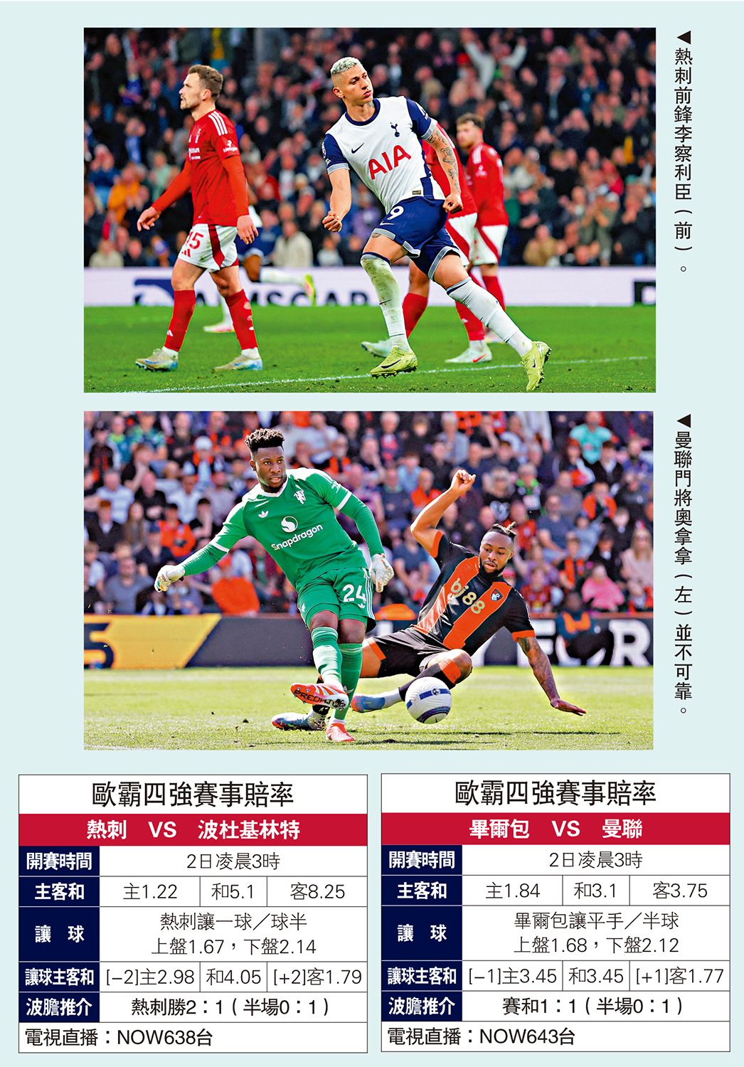 　　上圖：熱刺前鋒李察利臣（前）。下圖：曼聯門將奧拿拿（左）並不可靠。