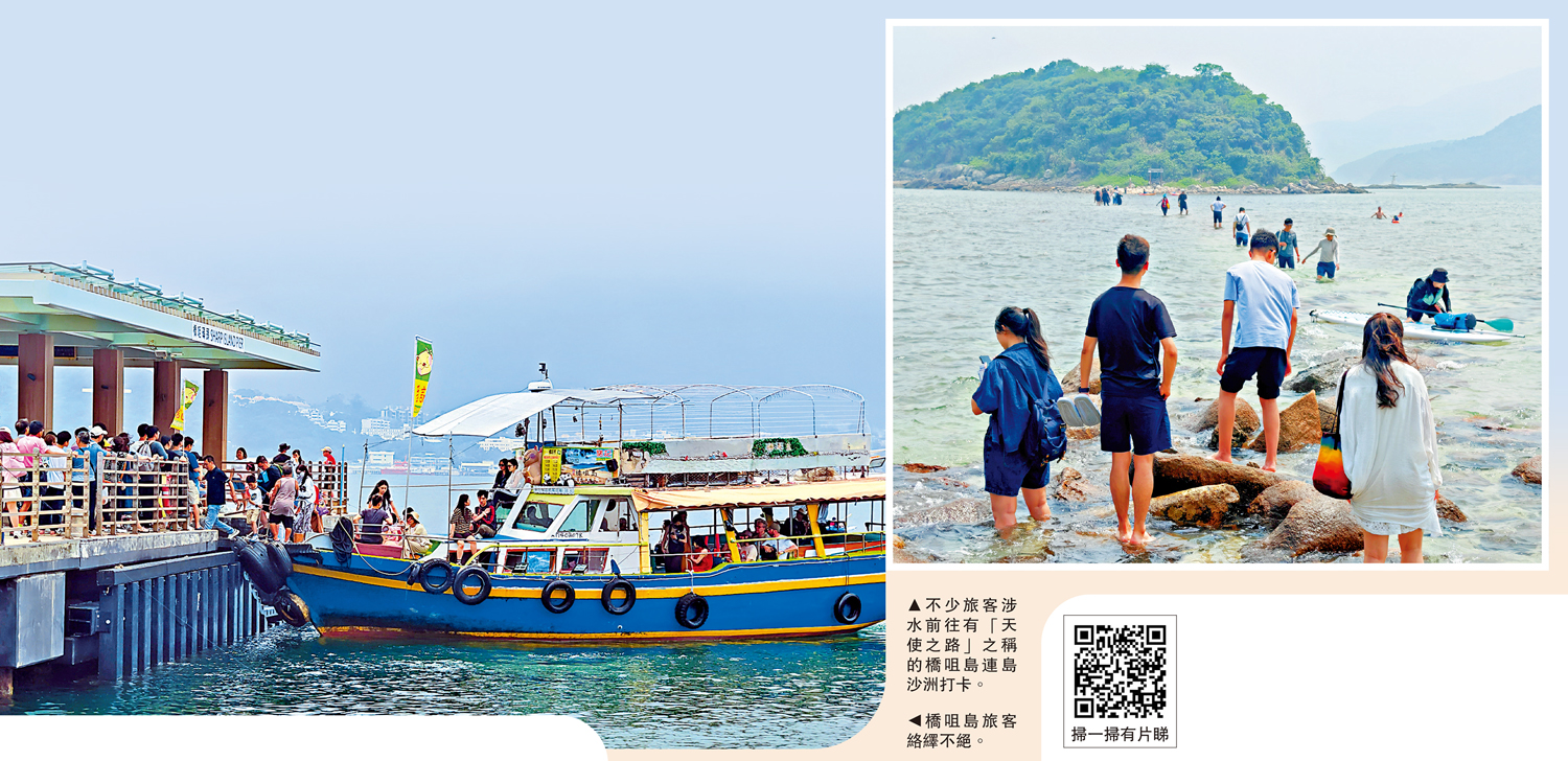 左圖:橋咀島旅客絡繹不絕。右圖:不少旅客涉水前往有「天使之路」之稱的橋咀島連島沙洲打卡。