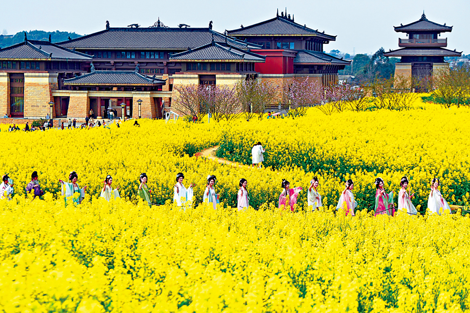　　圖：漢服愛好者在成都市雙流區「瞿上田園」景區遊玩。\新華社