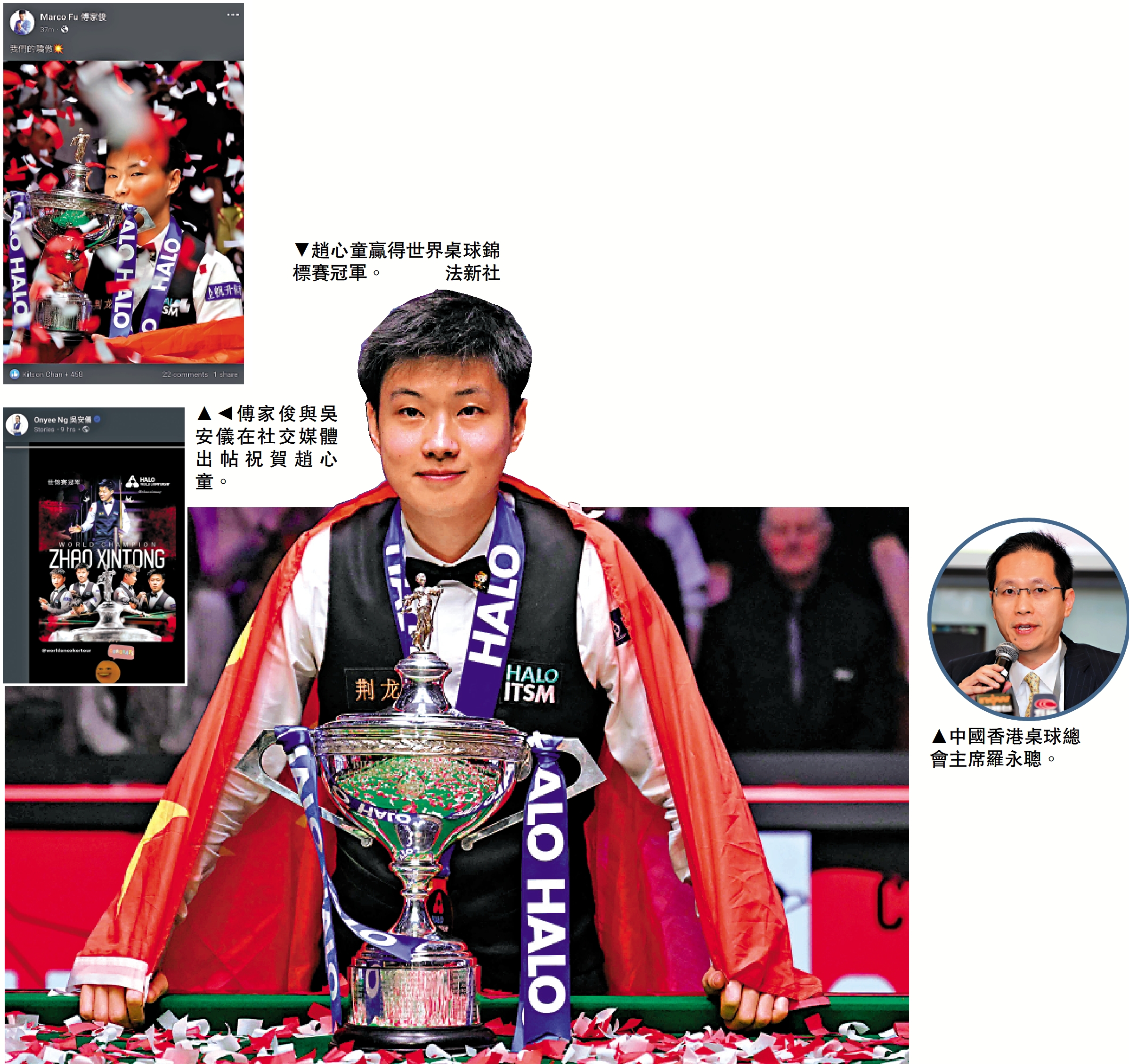 圖:(左起)傅家俊與吳安儀在社交媒體出帖祝賀趙心童。趙心童贏得世界桌球錦標賽冠軍。\法新社;中國香港桌球總會主席羅永聰。