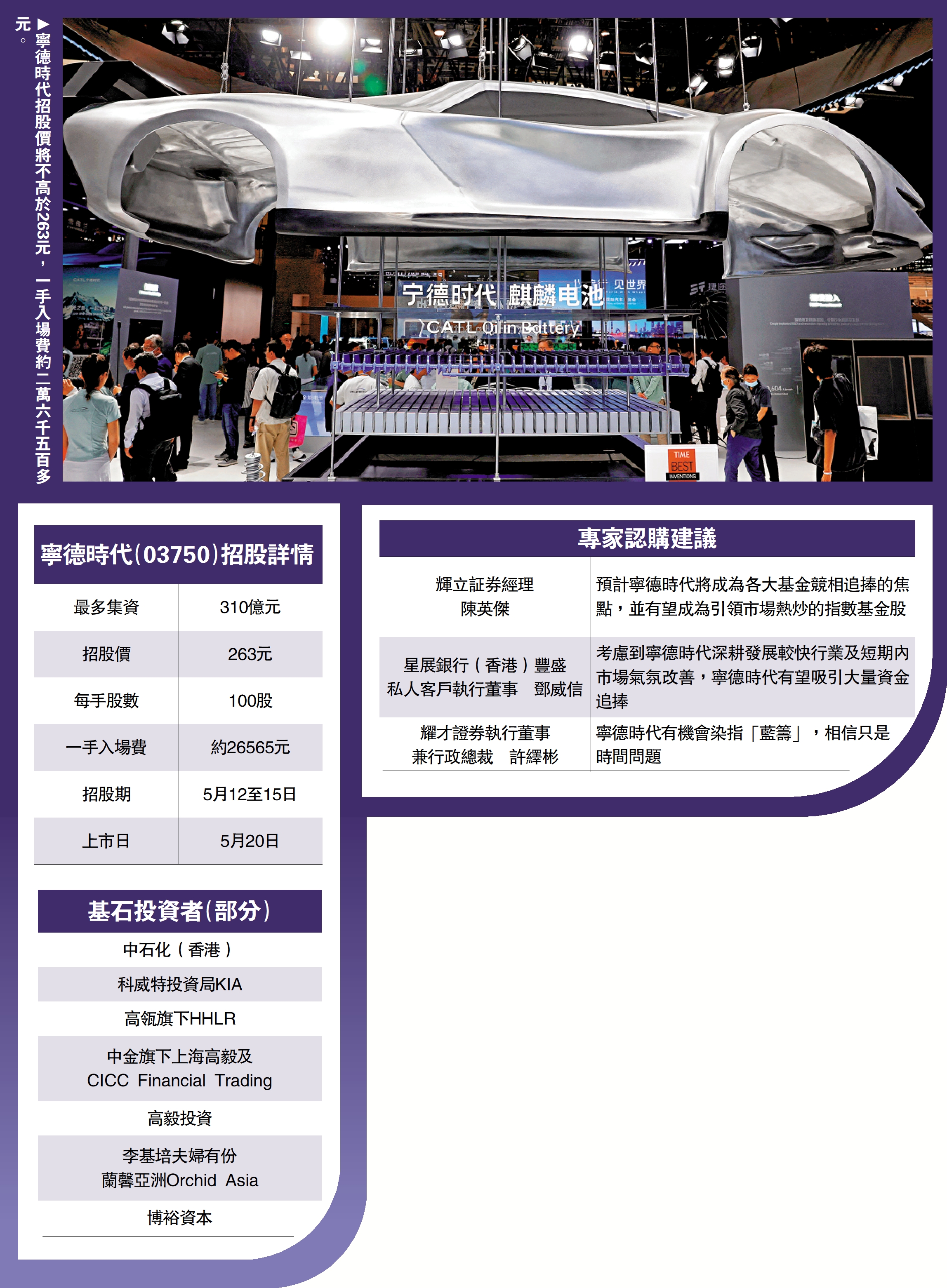 圖:寧德時代招股價將不高於263元,一手入場費約二萬六千五百多元。