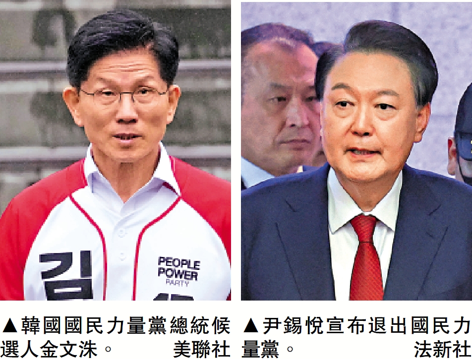 左圖:韓國國民力量黨總統候選人金文洙。\美聯社;右圖:尹錫悅宣布退出國民力量黨。\法新社