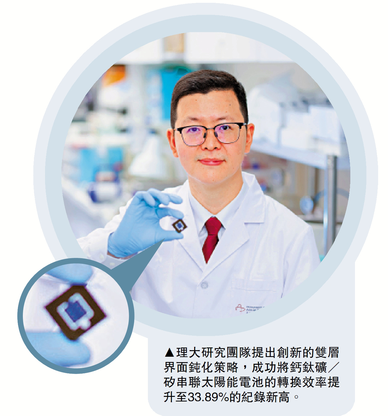 圖:理大研究團隊提出創新的雙層界面鈍化策略,成功將鈣鈦礦/矽串聯太陽能電池的轉換效率提升至33.89%的紀錄新高。