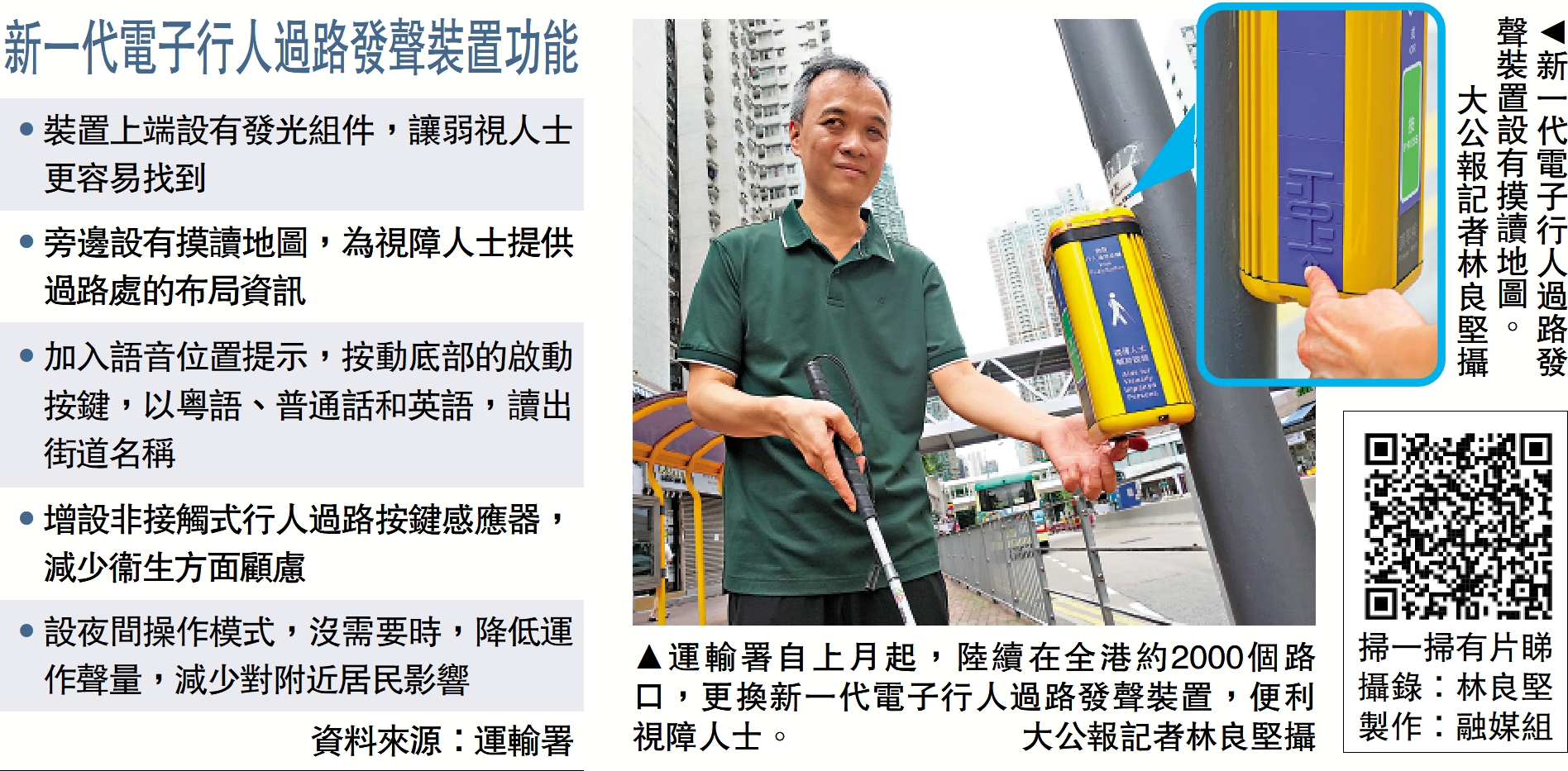 　　左圖：運輸署自上月起，陸續在全港約2000個路口，更換新一代電子行人過路發聲裝置，便利視障人士。 大公報記者林良堅攝；右圖：新一代電子行人過路發聲裝置設有摸讀地圖。\大公報記者林良堅攝