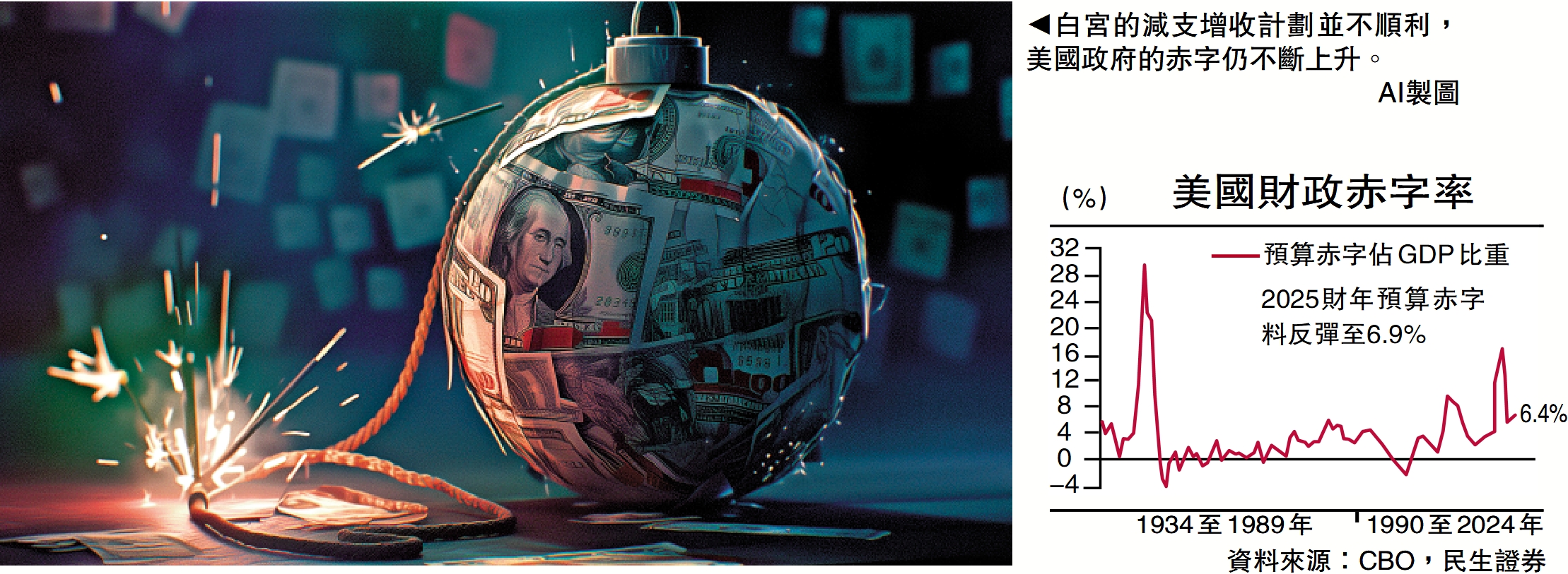 　　圖：白宮的減支增收計劃並不順利，美國政府的赤字仍不斷上升。/AI製圖