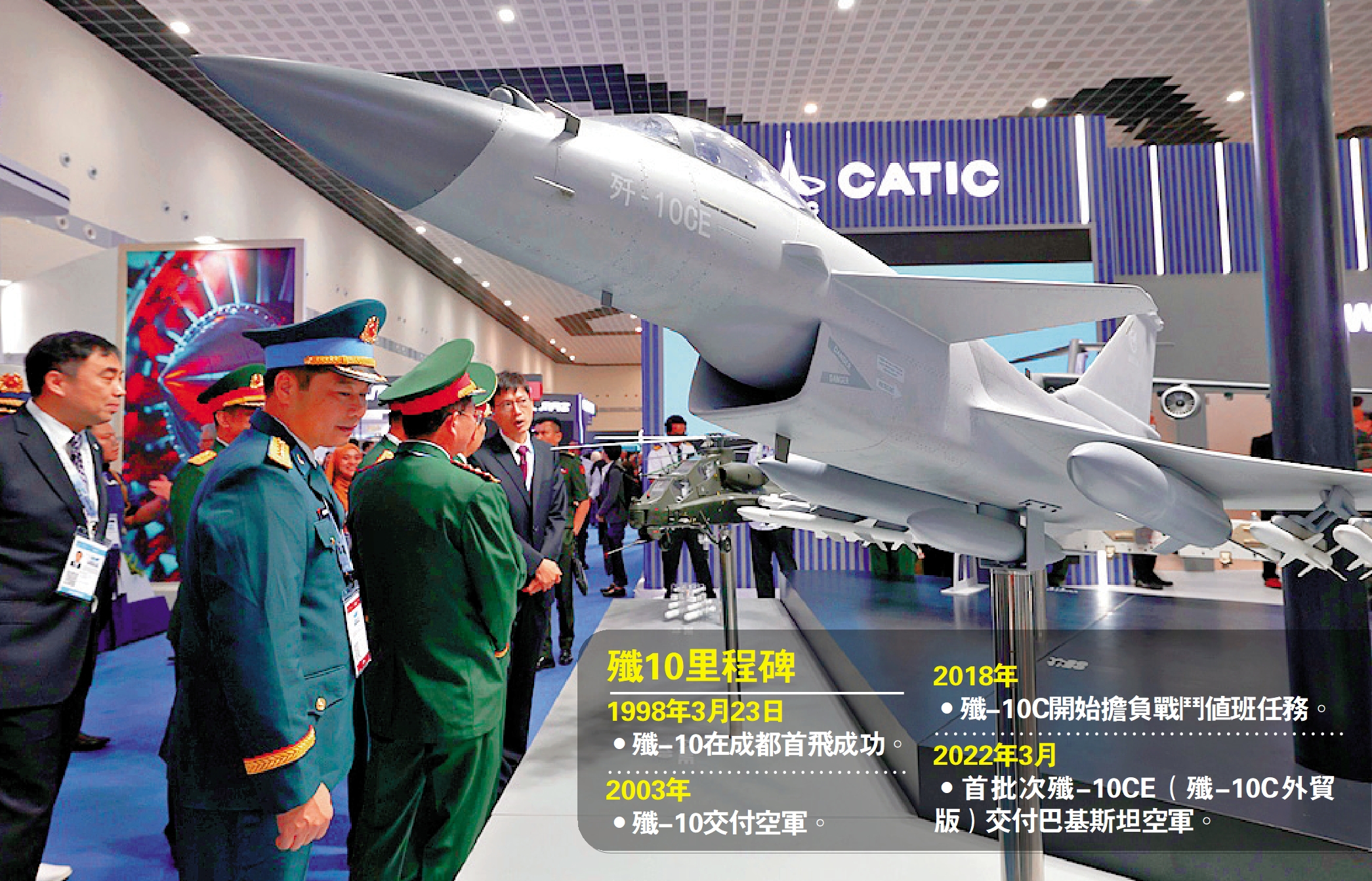 圖:在馬來西亞國際航展上,20多個軍政代表團密集到訪中航技展台交流,了解殲-10CE戰機及其技術體系。\網絡圖片