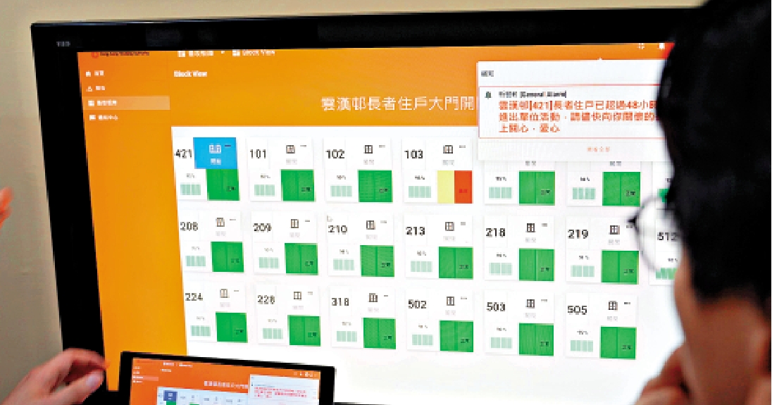 圖:電腦系統監察長者單位的開關情況,若住戶超過一段時間沒有開門,系統就會以短訊通知長者的指定聯絡人(紅框示)。